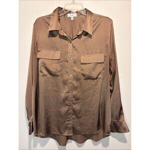Equipment Signature Satin Button Down Blouse Chocolate Brown Long Sleeve Size XL
